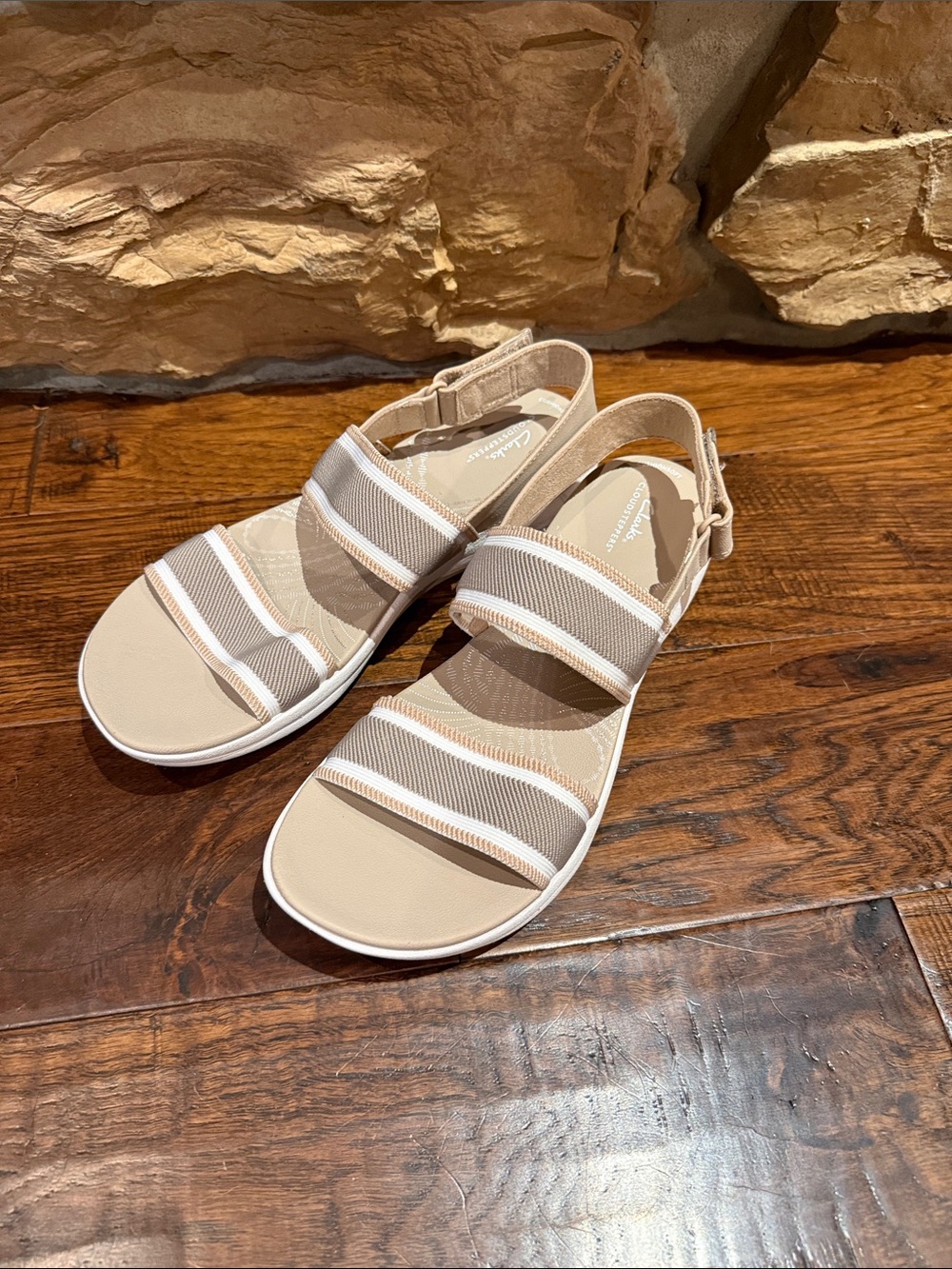 Clarks Beige and White Striped Slingback Sandals